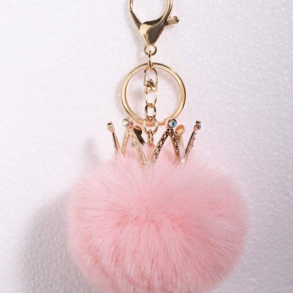 Pink Pom Pom Bag Charm with Crown - Picture 1 of 5